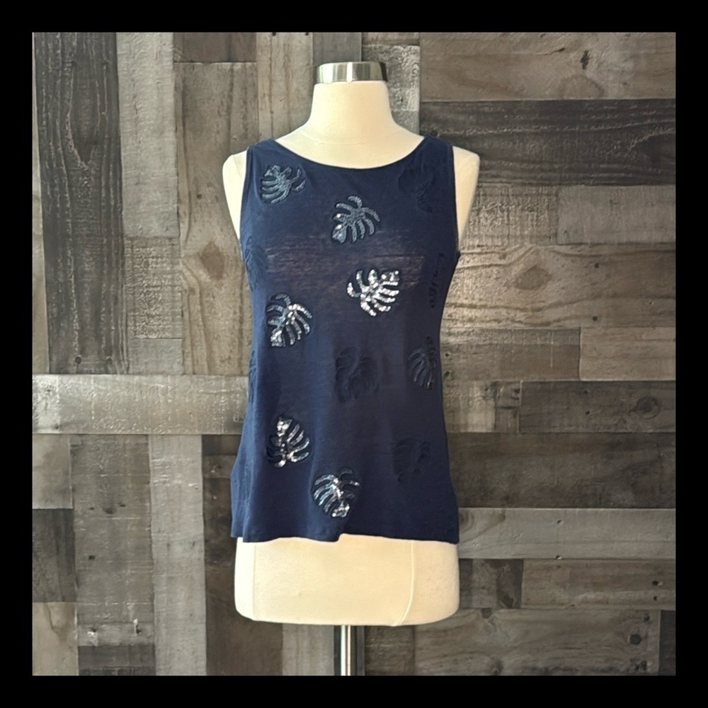 Tommy Bahama palm leaf sleeveless top XSmall sequins tropical embroidery linen